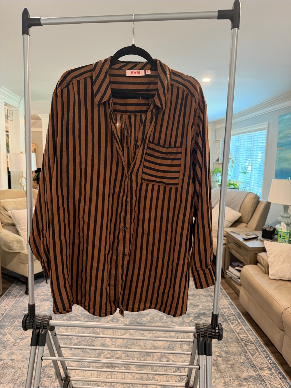 EVRI Women's Brown and Black Vertical Stripe Button-Down Shirt